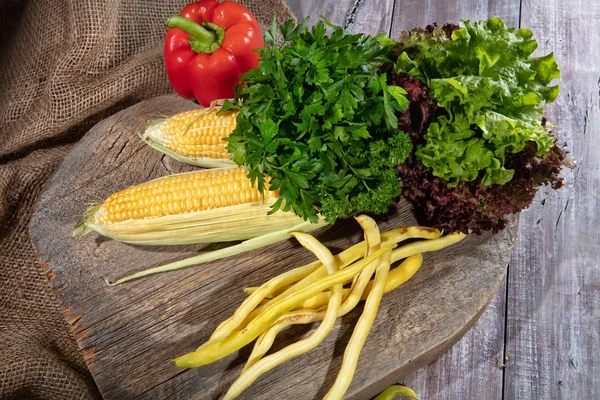 Maize Greenery Pea Tomato Wooden Table — Stock Photo, Image