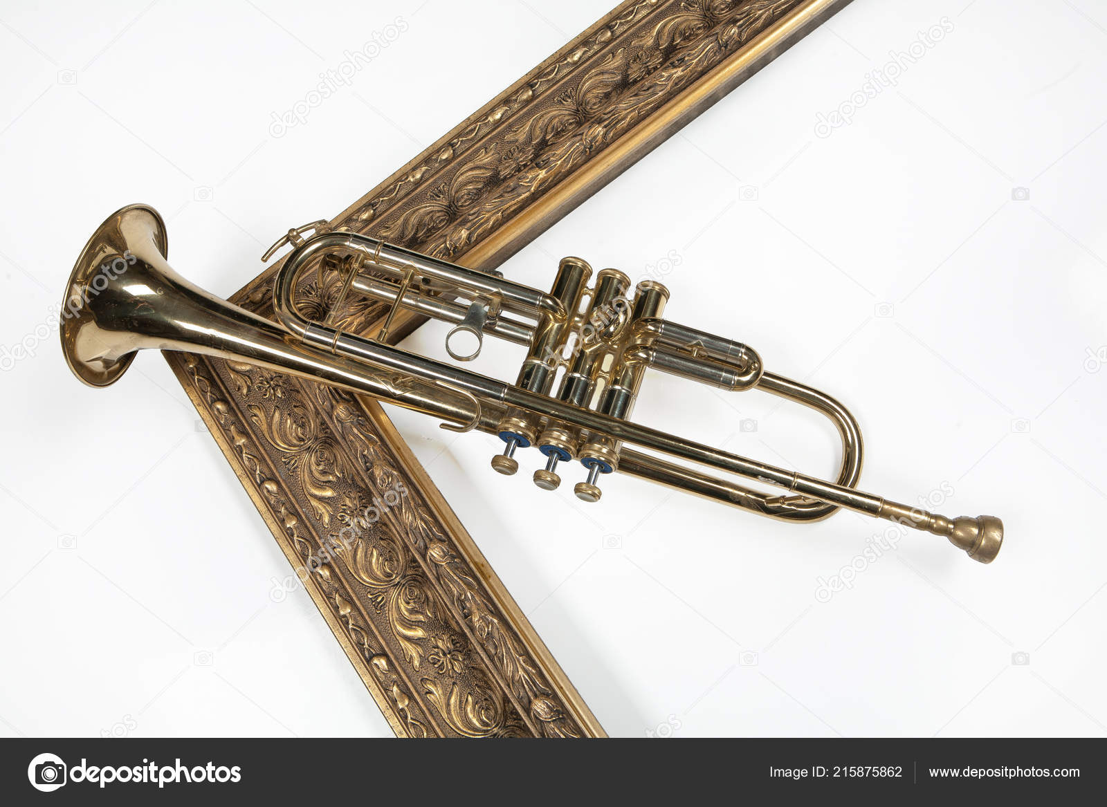 Trumpet Golden Frame Isolated Studio Background Stock Photo Trumpet Golden Frame Isolated Studio Background Stock Photo