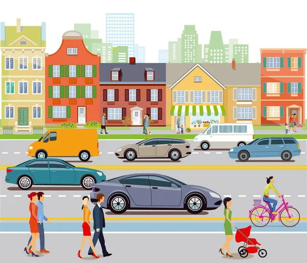 城市与汽车交通和步行者 — 图库矢量图片
