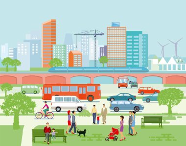 Karayolu trafik ve yaya ile büyük şehir panoraması