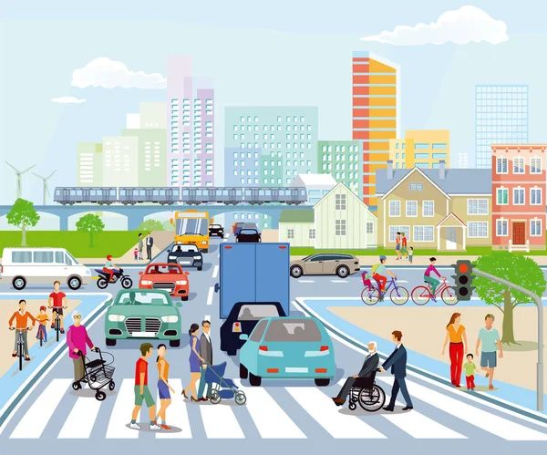 Общественный Транспорт Пешеходами Дорожным Движением Иллюстрация — стоковый вектор