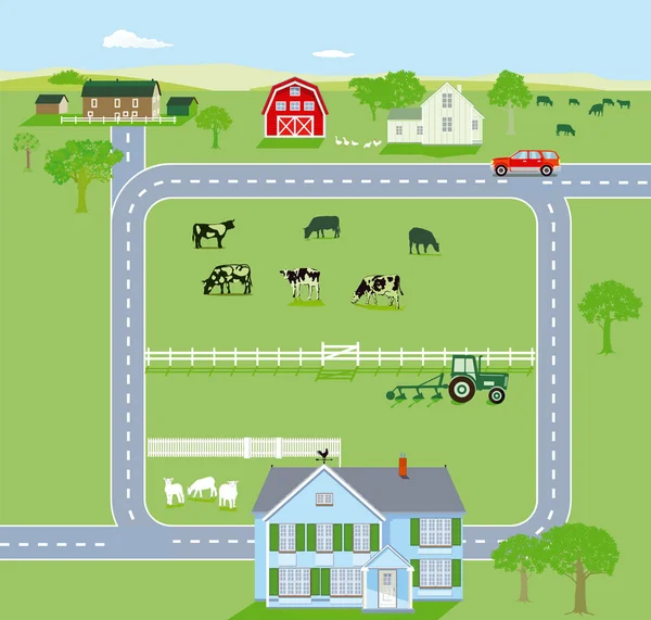 Grüne Landschaft Illustration Mit Bauernhof Und Autobahn — Stockvektor