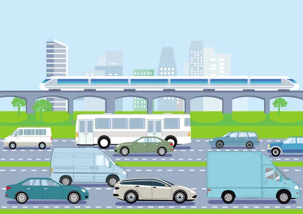 有行人和公路交通的公共交通 — 图库矢量图片
