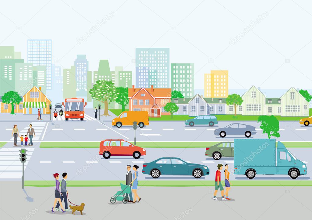 Cityscape with local traffic and pedestrians