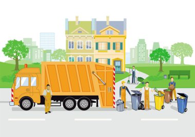 Garbage truck with failures and garbage containers clipart