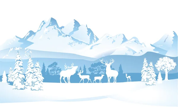 鹿在冬天在山 — 图库矢量图片