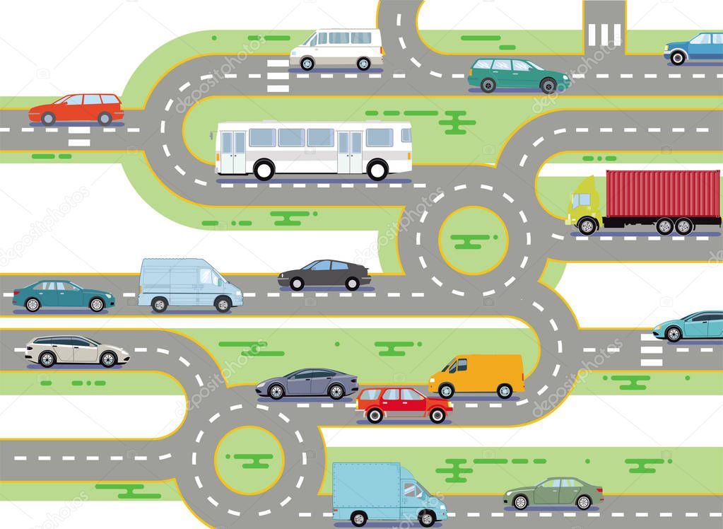Road traffic by bus and cars