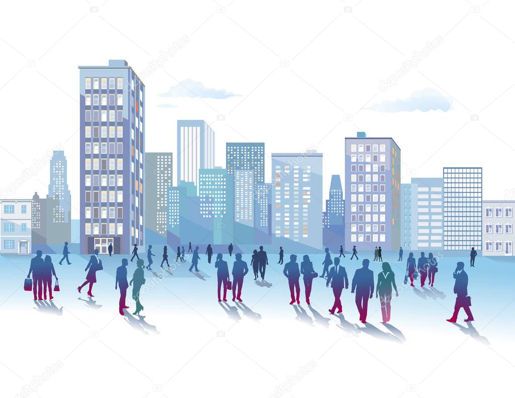 blue cityscape with group of people