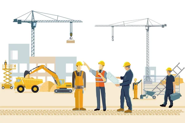 Lugar Construcción Con Trabajadores Construcción Excavadora Grúa — Vector de stock