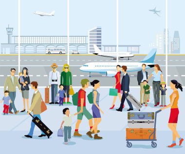 Airport hall, with people and luggage clipart