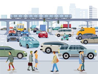 Şehir sokaklarında yayalar ve arabalarla yol trafiği