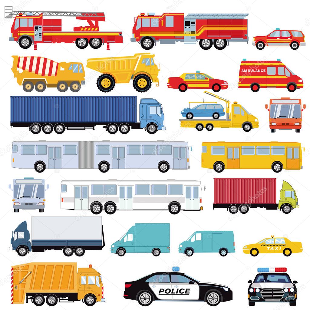 Group of cars, vans, bus and transport
