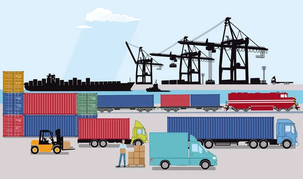 Commerciële Haven Met Goederentrein Vrachtwagen Containerschip — Stockfoto