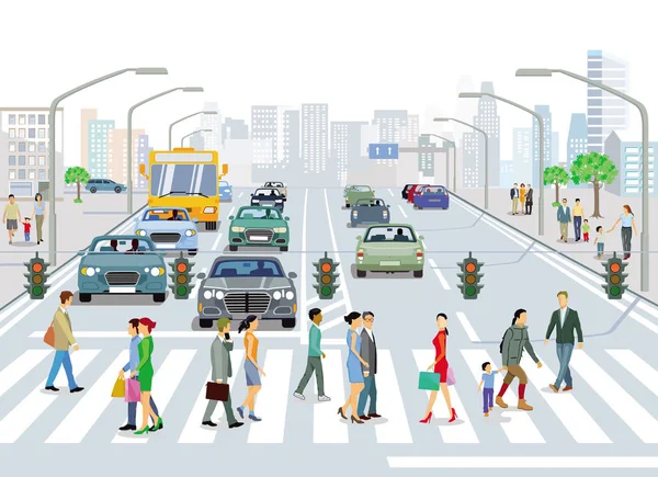 市街地の歩行者や車との道路交通 — ストック写真