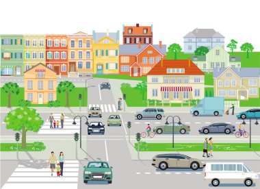 Trafik ve yayalar kaldırımda ile şehri