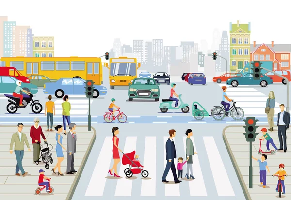 人行道上有交通和行人的城市 — 图库矢量图片