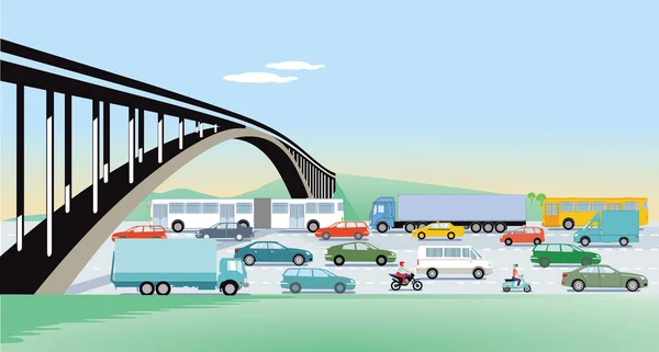 Autopistas Con Puente Tráfico Por Carretera — Vector de stock