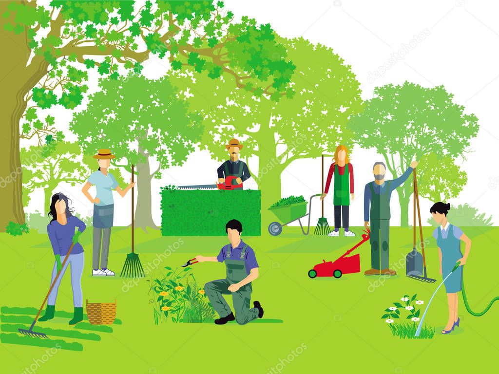 Gardeners work in the garden