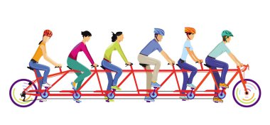 Altı kişi birlikte tandem binmek