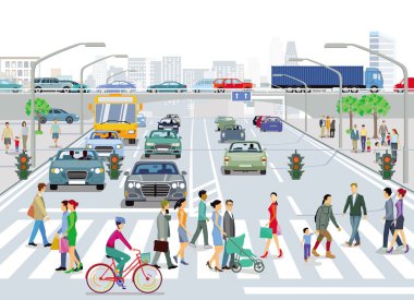 Trafik ve yayalar kaldırımda ile şehri