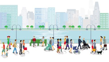 Arka planda şehir manzarası ile nehir tarafından yürüyen insanlar