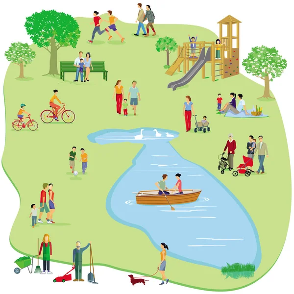 Parque Ciudad Con Personas Familias Ocio — Vector de stock