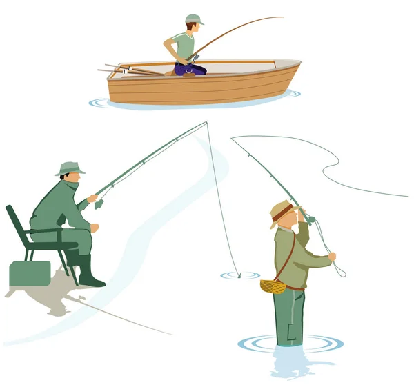 Drei Angler Angeln Wasser — Stockvektor