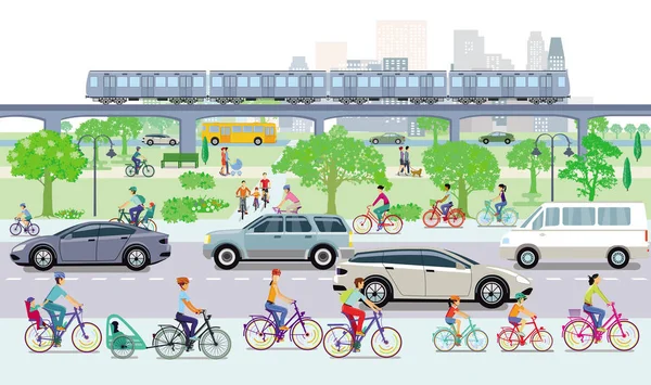 Paisaje Urbano Con Ciclistas Tráfico Por Carretera — Vector de stock