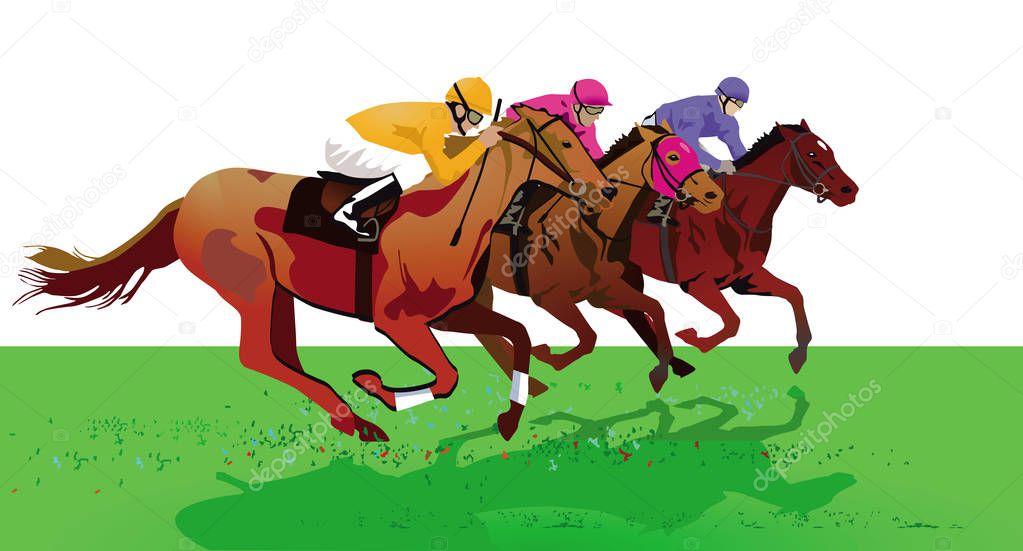 Horse racing with jockeys on racetrack