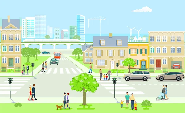 人行道上有交通和行人的城市 — 图库矢量图片