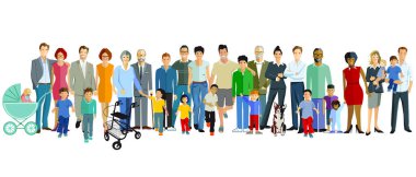 Çocuklu mutlu aileler, ebeveynler ve büyük ebeveynler