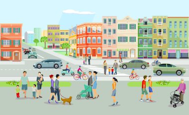 Yollu ve insanlı şehir manzarası