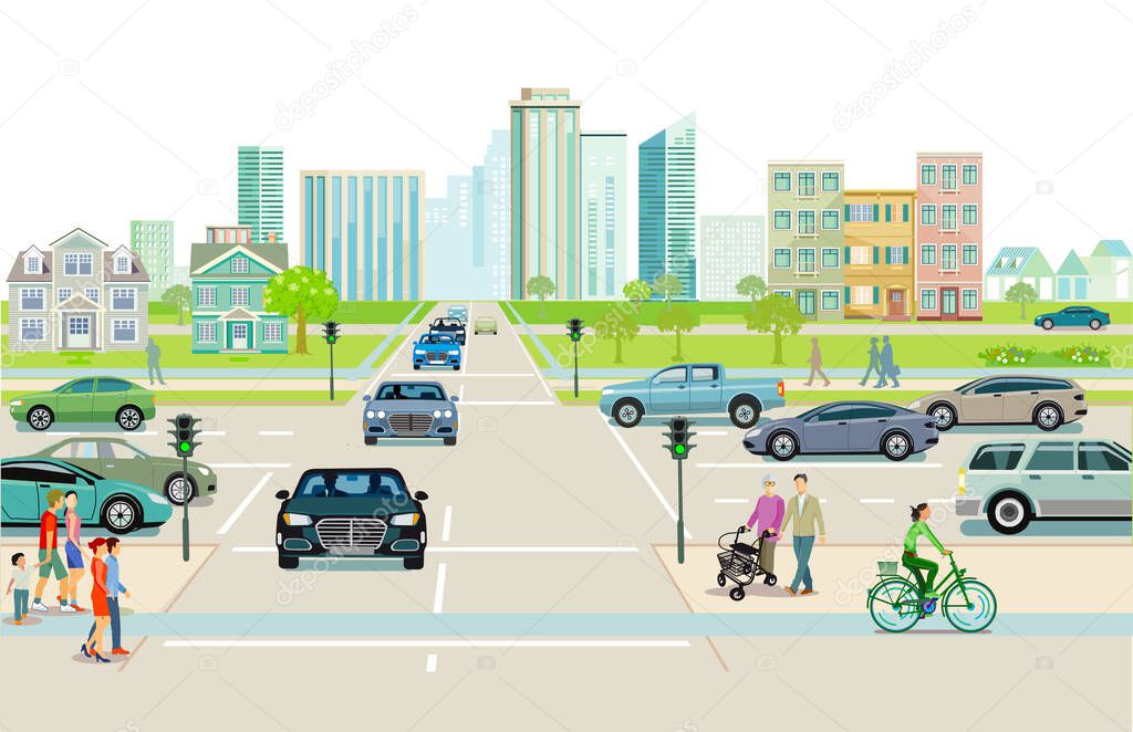 City with traffic, apartment buildings and pedestrians on the sidewalk