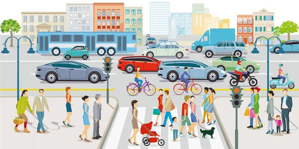 Stadt Mit Straßenverkehr Mehrfamilienhäusern Und Fußgängern Auf Dem Bürgersteig — Stockfoto