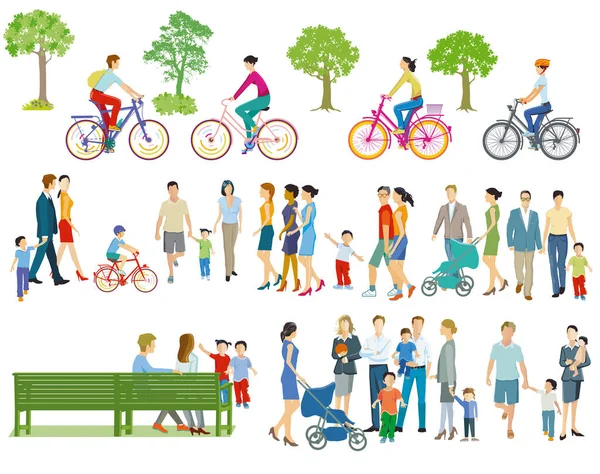 Άτομα Και Οικογένειες Στον Ελεύθερο Χρόνο Και Ποδηλασία — Διανυσματικό Αρχείο