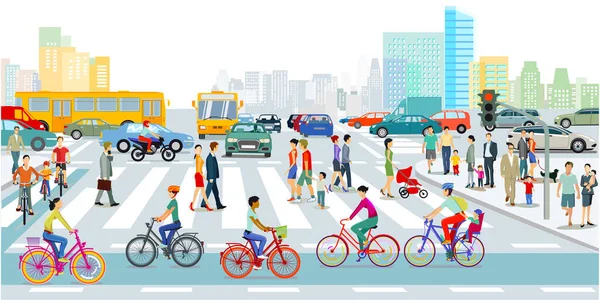 城市自行车道上有公路交通和行人的骑自行车者 — 图库照片