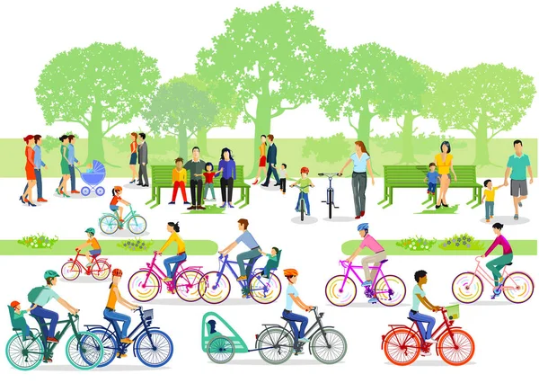 公园内的骑单车人士及行人 — 图库矢量图片