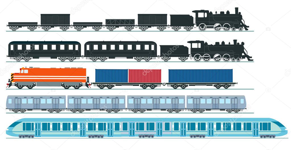 Express train freight train steam locomotive, railroad car. Freight, set - vector illustration