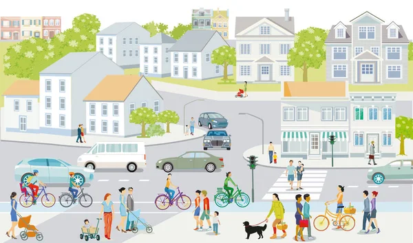 Stadssilhouet Met Mensen Wegverkeer Illustratie — Stockvector