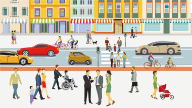 Trafiği ve insanları olan bir şehrin silüeti.