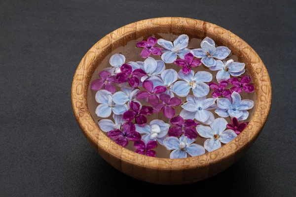 Floating lilac flowers in a bowl of water — Stock Photo, Image