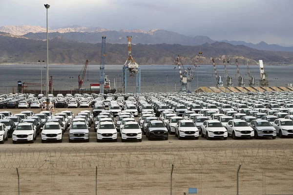 Porto Eilat Mar Vermelho Estacionamento Pré Venda Carros — Fotografia de Stock