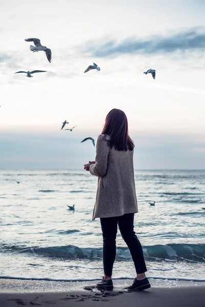 穿外套和长裤的妇女与飞行海鸥一起漫步海滨 — 图库照片
