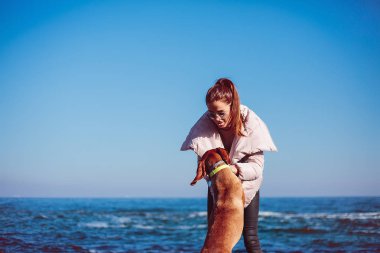 Genç kadın üzerinde kayalık sahil kahverengi dostu köpekle oynamayı 
