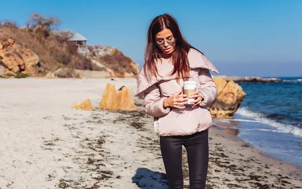 Young Cheerful Woman Holding Cup Coffee Walking Seacoast — Stock Photo, Image