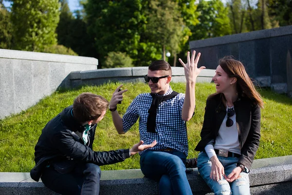 Группа Молодых Друзей Разговаривает Зеленом Парке — стоковое фото