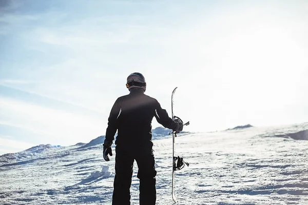 Vissza Portré Ember Snowboard Hegyekben — Stock Fotó