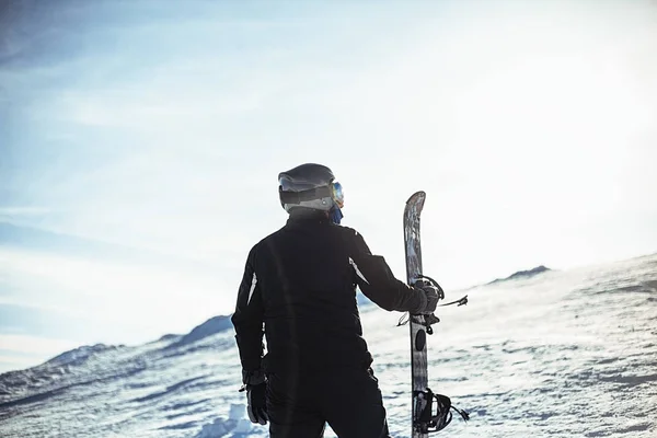 Back Portrait Man Snowboard Mountains — 스톡 사진