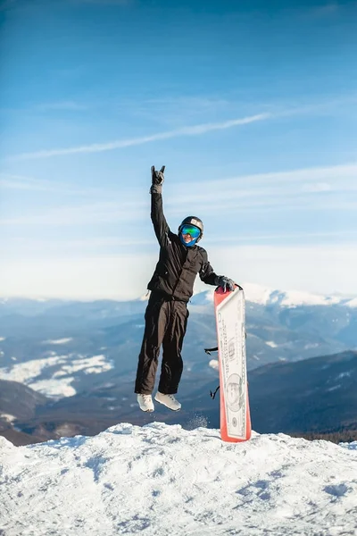 Happy Man Jumps Snowboard Mountains — Stok fotoğraf