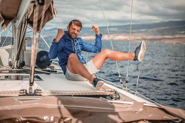 Happy Bearded Man Resting Yacht Sunny Day — Stock Photo, Image